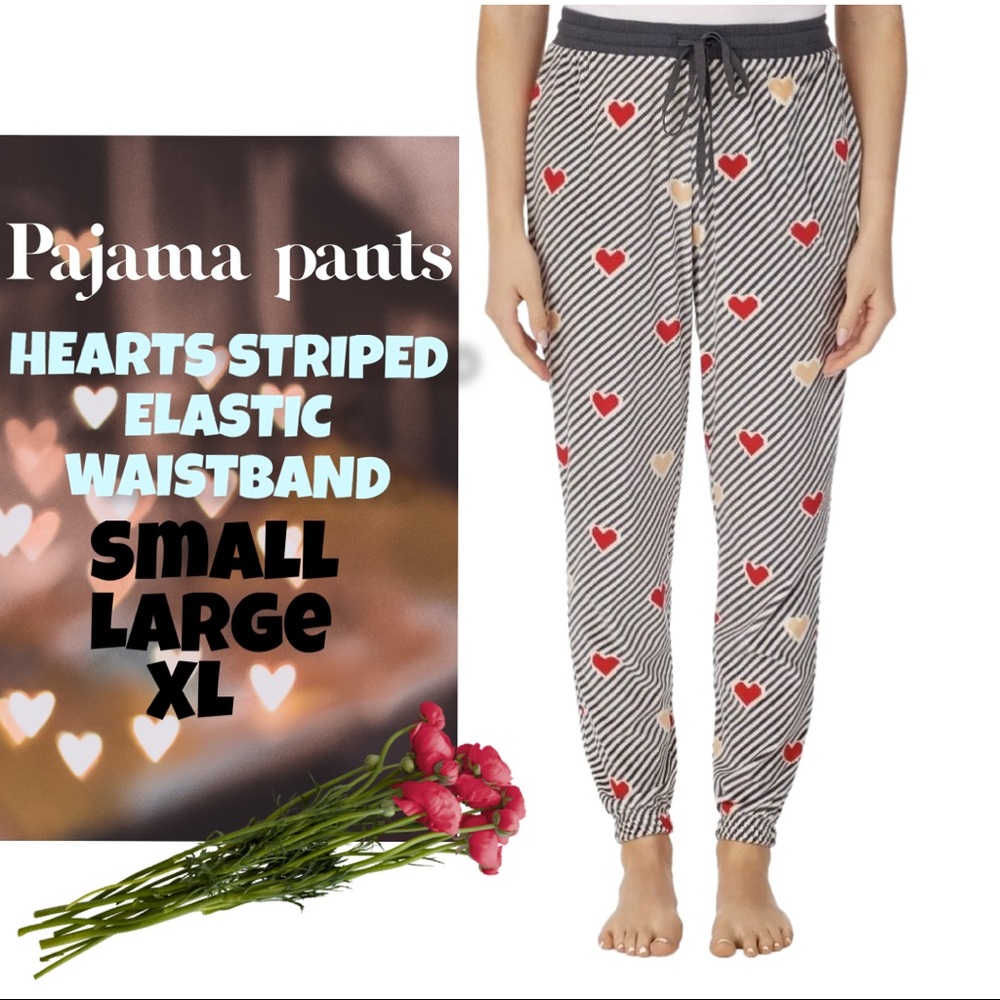 NEW  WOMEN’S PAJAMA PANTS HEARTS STRIPED ELASTIC WAISTBAND SIZE VARIOUS